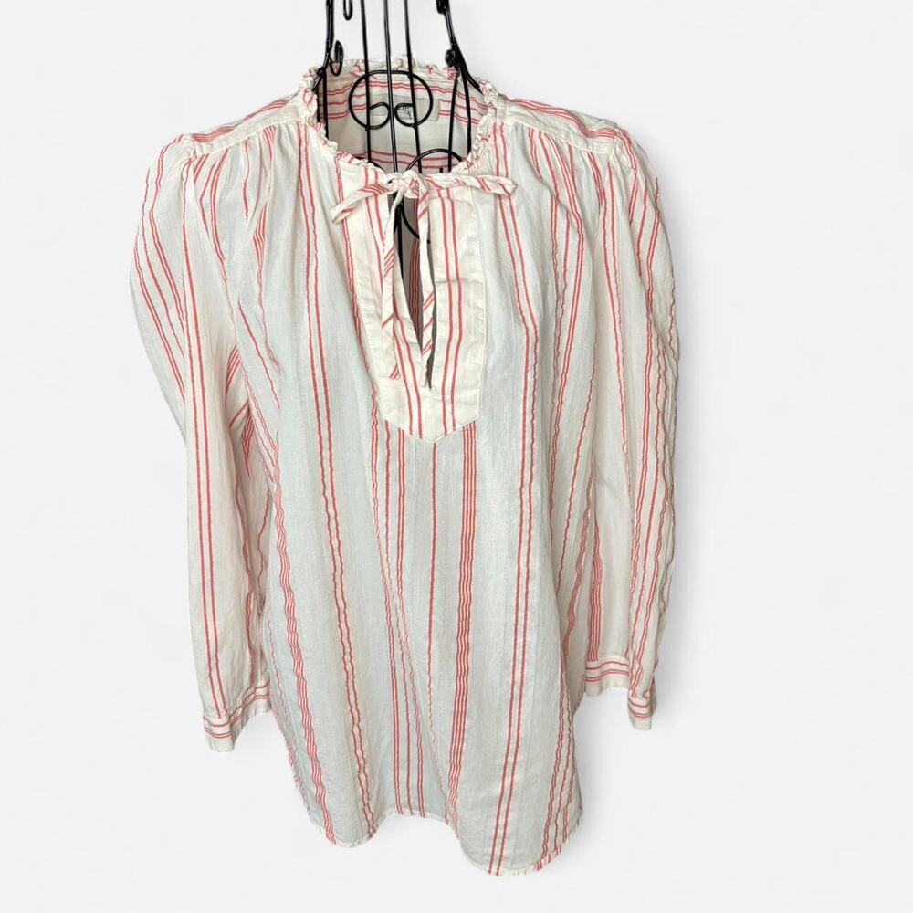 LOFT Red White Striped Peasant Blouse Large L 100% Cotton Tie Neck Ruffle Boho